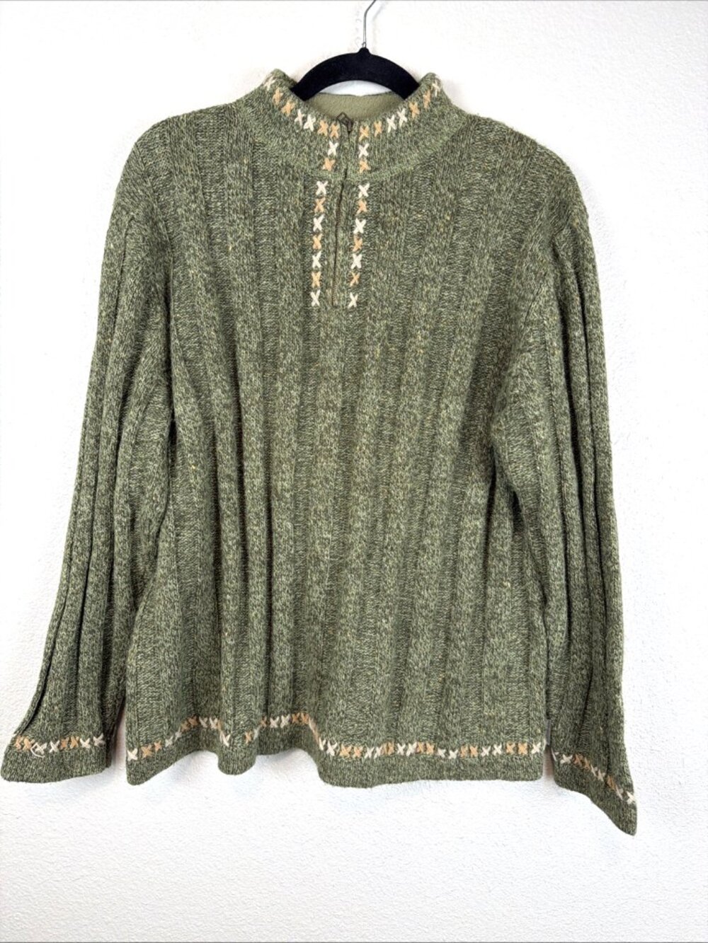 Woolrich Women Green Quarter Zip Rami Wool Blend Sweater Pullover XL Cozy